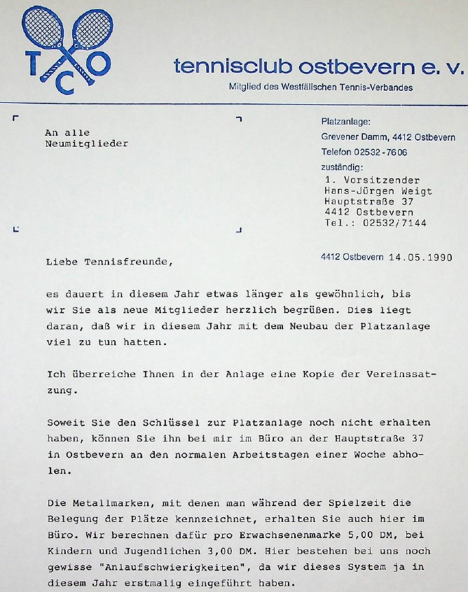 Umzug des TCO von der ersten Tennis-Vereinsanlage am Grevener Damm an die Westbeverner Straße