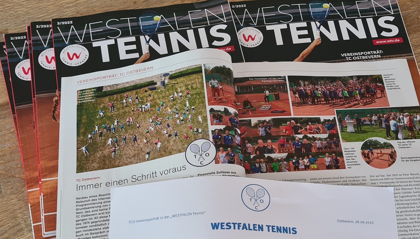 Im WTV-Fachmagazin „WESTFALEN Tennis“ wird in der August-Ausgabe ein doppelseitiges TCO-Vereinsporträt unter dem Titel „Immer einen Schritt voraus“ veröffentlicht