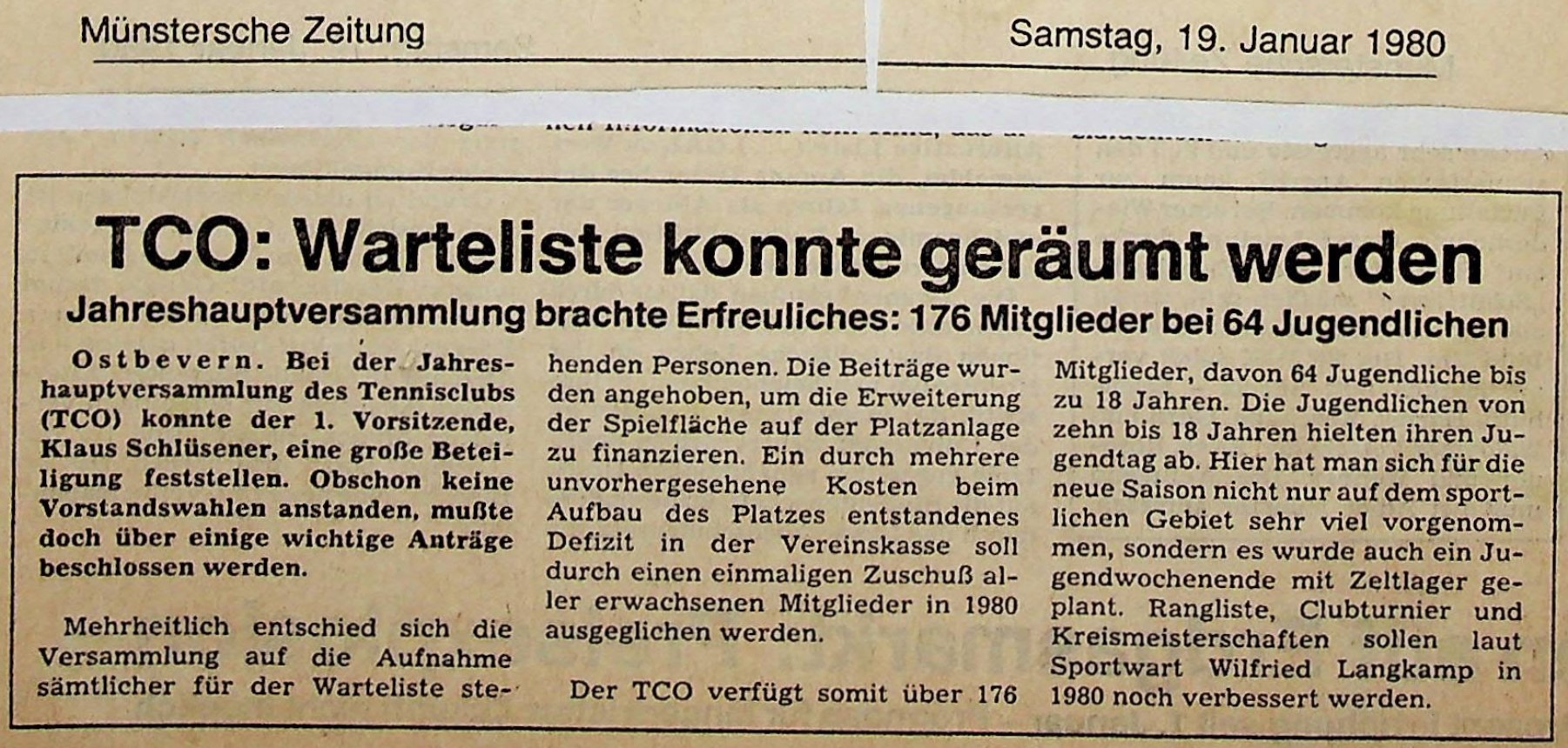 Warteliste konnte geräumt werden. Jahreshauptversammlung brachte Erfreuliches: 176 Mitglieder bei 64 Jugendlichen. MZ vom 19.01.