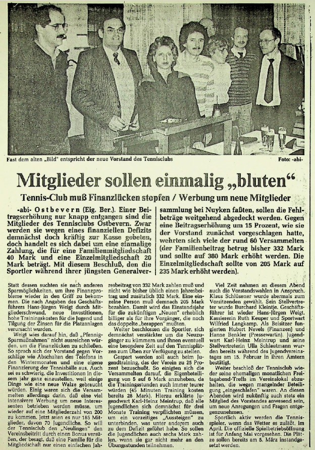 Mitglieder sollen einmalig „bluten“: Tennisclub muss Finanzlücken stopfen. Werbung um neue Mitglieder. WN vom 28.02.