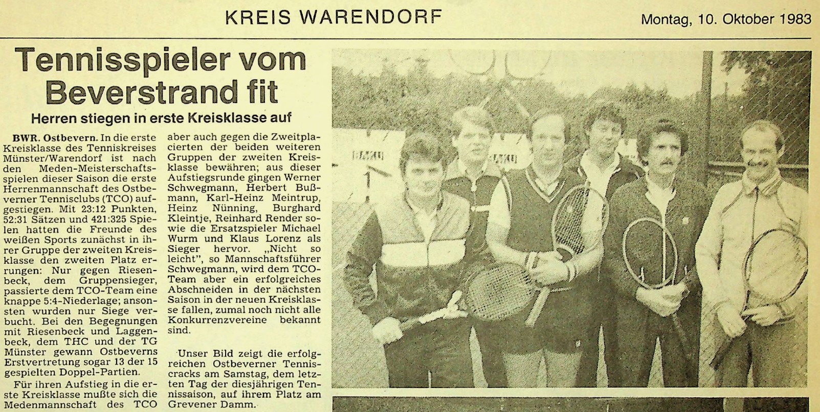 Tennisspieler vom Beverstrand fit: Herren stiegen in erste Kreisklasse auf. MZ vom 10.10.