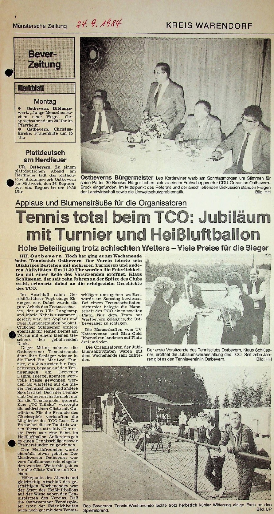 Tennis total beim TCO: Jubiläum mit Turnier und Heißluftballon. Applaus und Blumensträuße für die Organisatoren. Hohe Beteiligung trotz schlechten Wetters – Viele Preise für die Sieger. MZ vom 24.09.